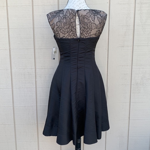 London Times Fit and Flare Dress Black/Nude Satin and Lace Dress - Picture 7 of 12
